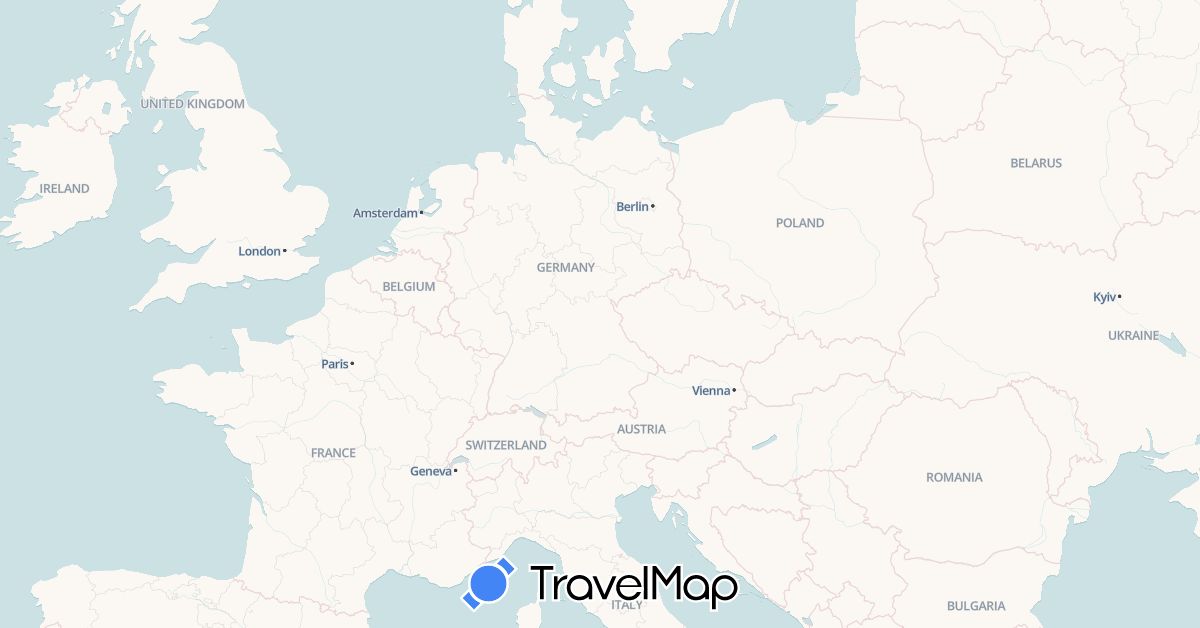 TravelMap itinerary: driving, bus, plane, train in Czech Republic, Germany, France, Poland (Europe)